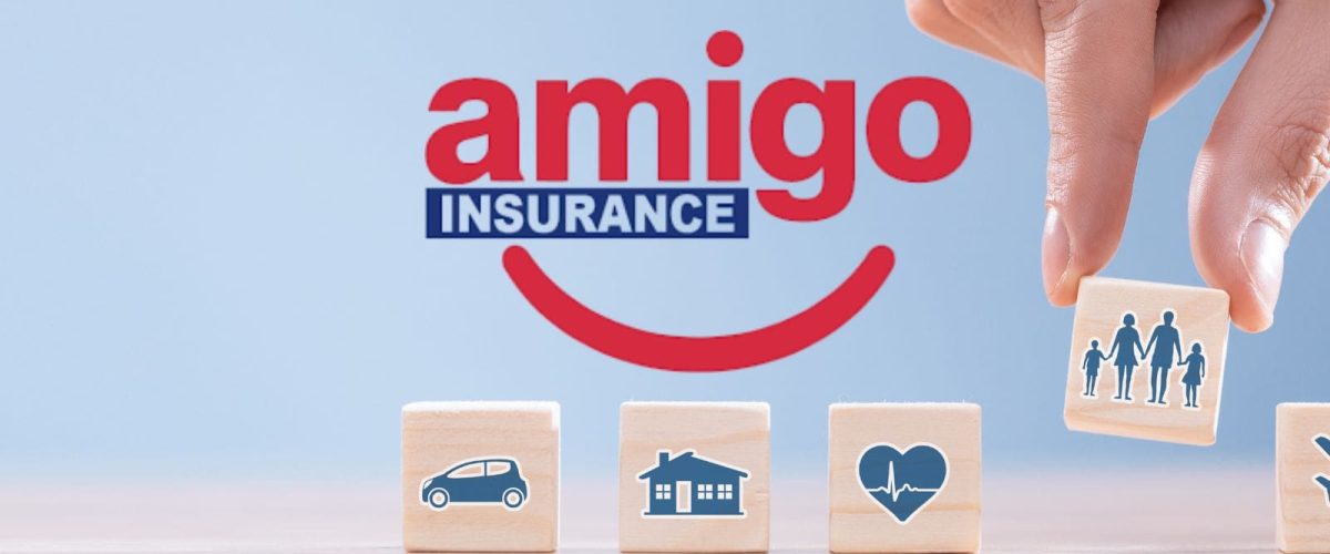 Amigo Insurance logo with wooden blocks showing icons for car, home, health, and family coverage.