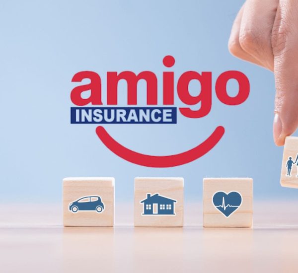 Amigo Insurance logo with wooden blocks showing icons for car, home, health, and family coverage.