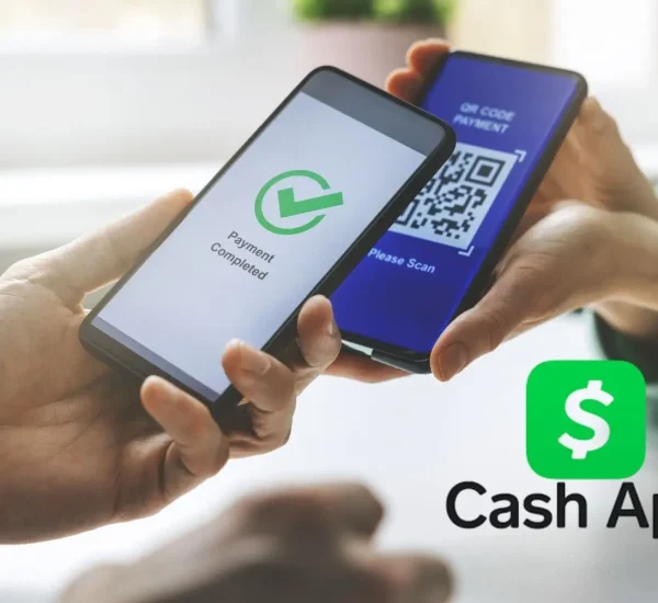 Two smartphones completing a contactless payment via Cash App QR code.