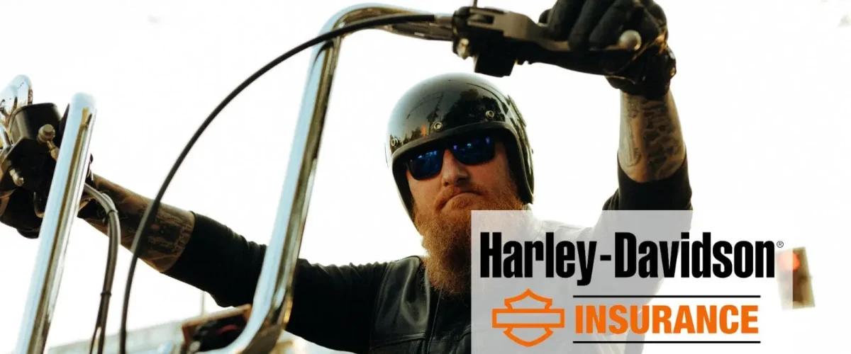 Man riding a Harley-Davidson motorcycle with black helmet and sunglasses, promoting Harley Davidson Insurance.