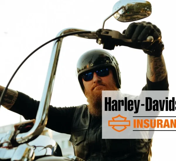 Man riding a Harley-Davidson motorcycle with black helmet and sunglasses, promoting Harley Davidson Insurance.