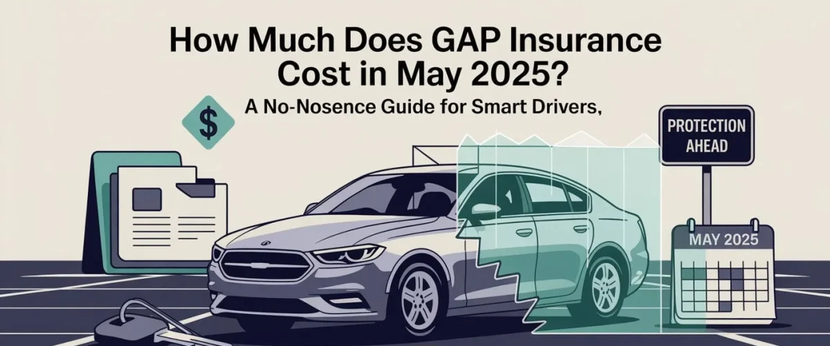 Hand balancing a toy car on fingertip next to stacked coins with text "How Much Does Gap Insurance Cost" on blue background.