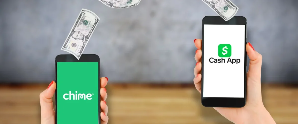 Two smartphones showing Chime and Cash App with dollar bills transferring between them — visual guide for how to transfer money from Chime to Cash App.
