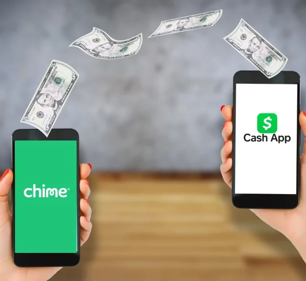 Two smartphones showing Chime and Cash App with dollar bills transferring between them — visual guide for how to transfer money from Chime to Cash App.