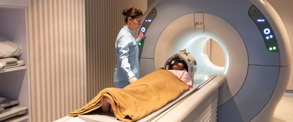 Patient undergoing an MRI scan with a technician operating the machine, representing medical imaging costs with insurance.