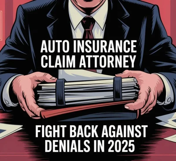 Illustration of an auto insurance claim attorney holding case files at a desk, with legal symbols and car documents, titled “Fight Back Against Denials in 2025.”