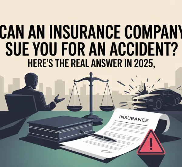 Illustration showing a judge, legal documents, a gavel, and a crashed car under the headline “Can an insurance company sue you for an accident? Here's the real answer in 2025.”