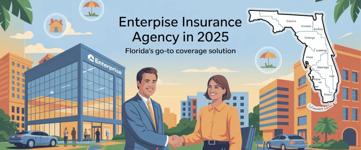 Illustration of the Enterprise Insurance Agency building with agents shaking hands, a Florida coverage map, and the title “Enterprise Insurance Agency in 2025 – Florida’s Go-To Coverage Solution.”