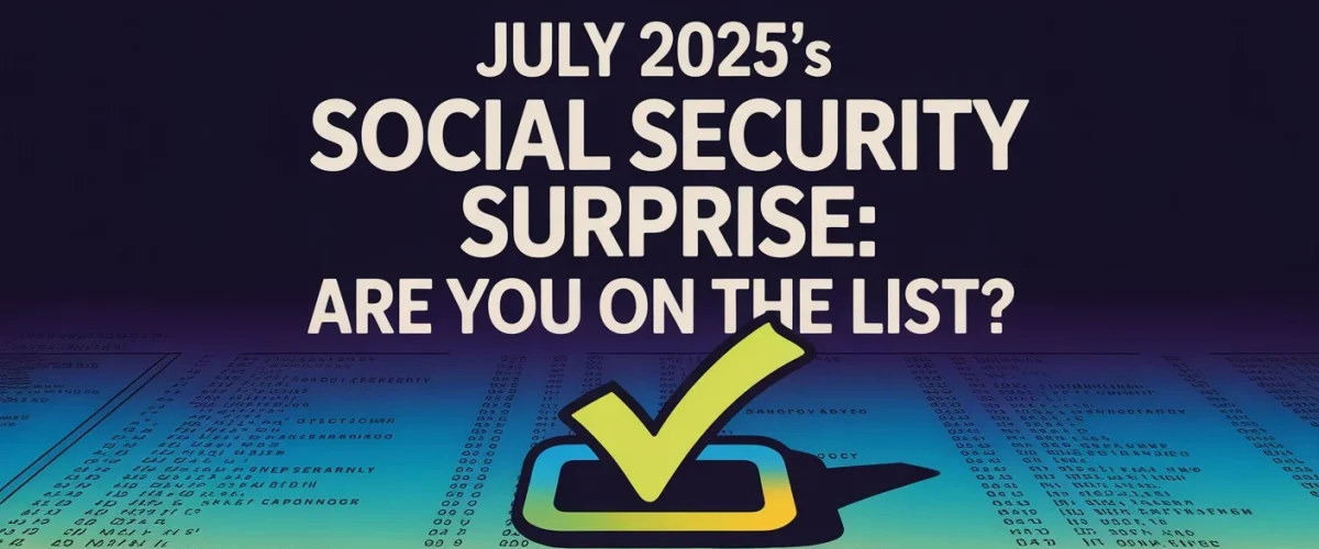 Graphic with the headline "July 2025's Social Security Surprise: Are You on the List?" over a background of a digital list with a large checkmark icon in the foreground.