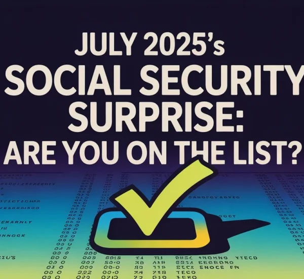 Graphic with the headline "July 2025's Social Security Surprise: Are You on the List?" over a background of a digital list with a large checkmark icon in the foreground.