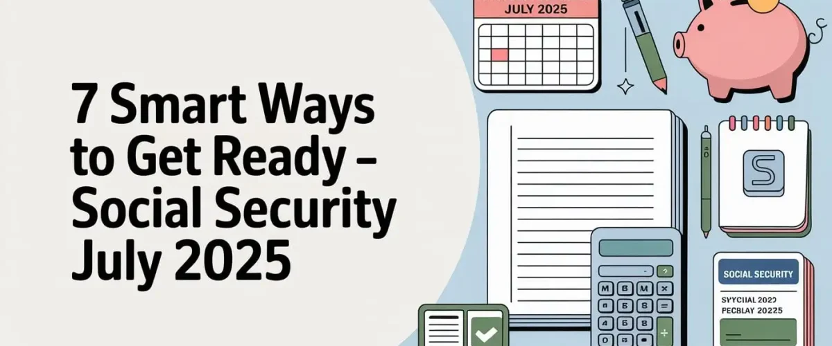 Illustration with calendar, piggy bank, notebook, calculator, and Social Security card representing financial planning for July 2025 benefits.