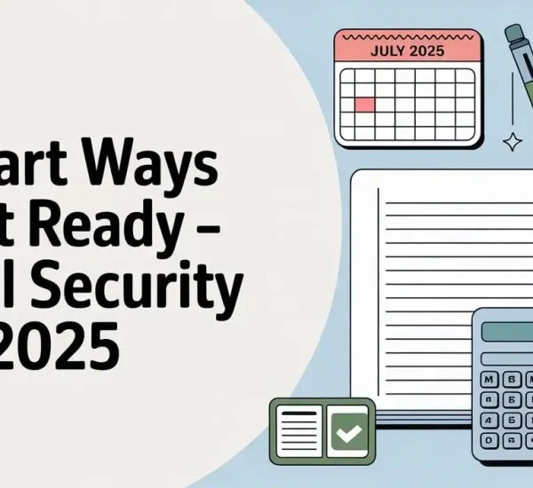 Illustration with calendar, piggy bank, notebook, calculator, and Social Security card representing financial planning for July 2025 benefits.