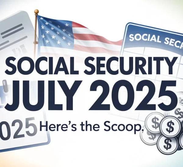 Social Security July 2025 graphic with calendar, dollar signs, and U.S. flag, highlighting benefits and payment updates.