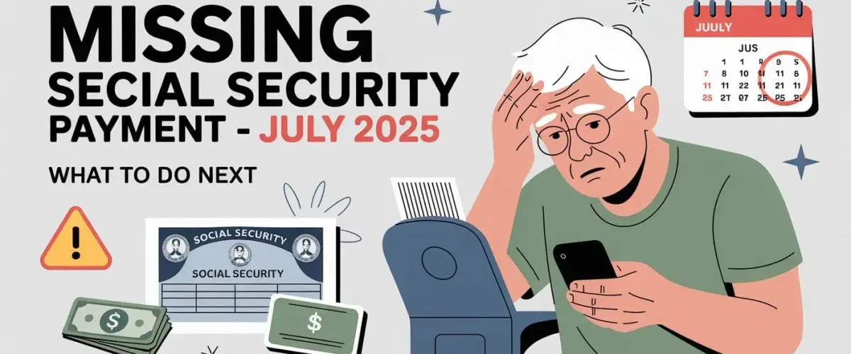 Calendar marked July 2025 with Social Security card, U.S. flag, and dollar icons, symbolizing delayed Social Security payments.