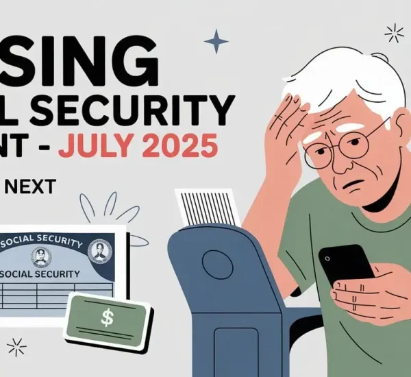 Calendar marked July 2025 with Social Security card, U.S. flag, and dollar icons, symbolizing delayed Social Security payments.